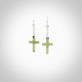 Hand carved small Nephrite jade cross earrings. Made by NZ Pacific from real jade. Online jewellery for sale online by NZ Pacific.